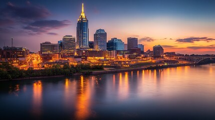 Naklejka premium The Nashville skyline bathed in golden dusk light, bright city lights shimmering, the AT&T Building towering over the city, reflections dancing on the river, wide-angle perspective.