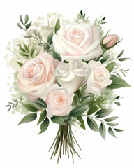Fototapeta premium Watercolor illustration of a blush pink wedding bouquet featuring elegant roses and greenery for special occasions and celebrations