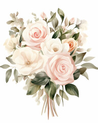 Fototapeta premium Beautiful watercolor wedding bouquet featuring blush pink roses and delicate white flowers in a romantic arrangement