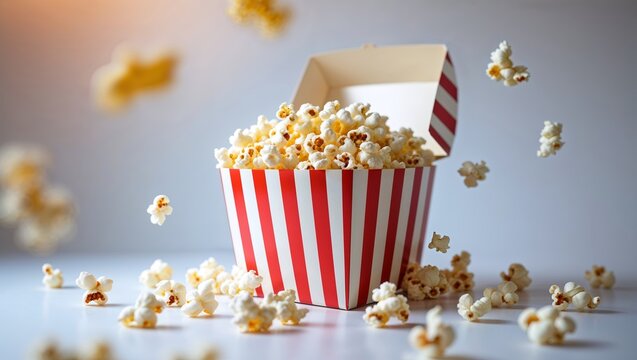 Popcorn overflowing from a red and white striped container with kernels scattered around