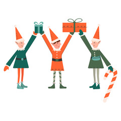 Three happy smiling elves are holding presents. Cute Christmas characters. Vector illustration on a white isolated background