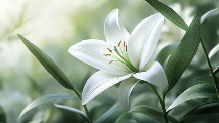 Obraz premium Close-Up of a White Lily Flower with Dew Drops