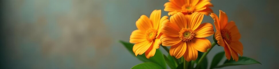 Fototapeta premium Handmade flower bouquet with orange petals and green leaves in a vase,, blooms