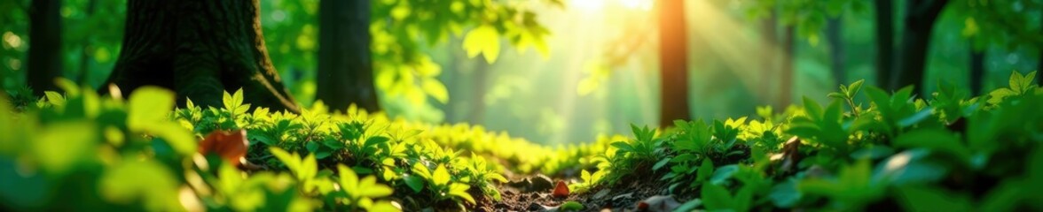 Leafy canopy filters sunlight on forest floor, sunlight, natural