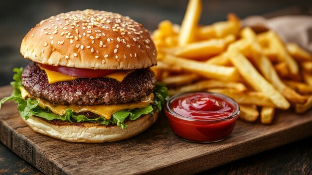 Classic cheeseburger with crispy golden fries and ketchup on a rustic wooden board &ndash; juicy grilled beef patty with melted cheese in a soft bun, served with crunchy french fries and a side of tangy ket