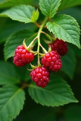 Leafy greens and stems encircle clusters of ripe raspberries, botanical, stems, leaves