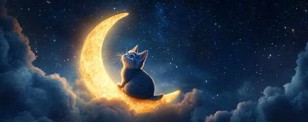 High-resolution photography of a cartoon cat sitting on a crescent moon