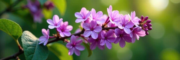 Obraz premium Lilac branch laden with heavy clusters of purple flowers and green leaves, branches, flowers
