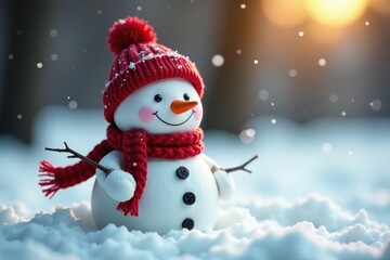 Little snowman with a red scarf wrapped around its neck, cozy, warm, cold