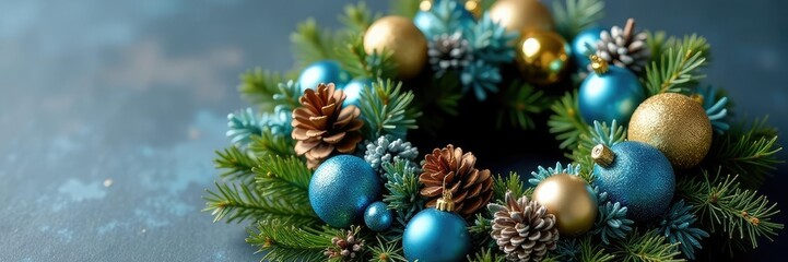 Pine cone wreath made of blue and gold ornaments with a mix of evergreen branches, gift, wreath