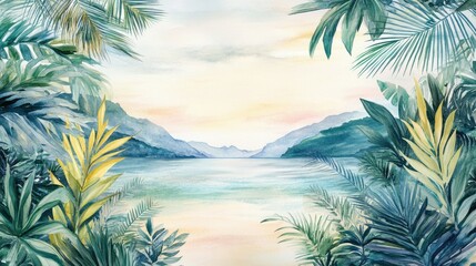 A vibrant watercolor coastal landscape featuring a calm sea, tropical plants, and soft pastel skies.