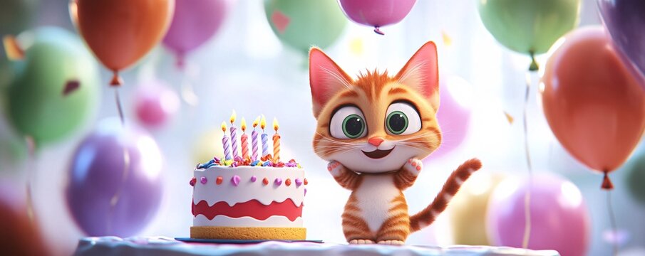 High-resolution photography of a cartoon cat with a birthday cake and balloons