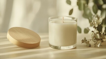 Serene Minimalism - Handcrafted White Candle in Glass Jar on Wooden Surface