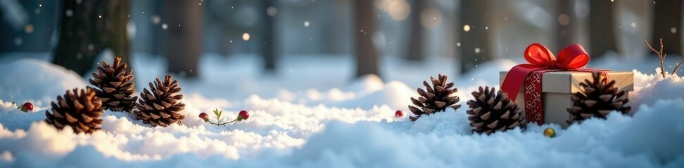 Naklejka premium Pinecones and presents scattered across a snowy forest floor, forest, pinecone, woods
