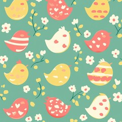 Colorful Cute Birds and Flowers Pattern on Soft Mint Background