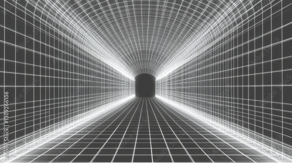 Poster a visually striking retro-futuristic wireframe tunnel with glowing rectangular grid patterns stretch