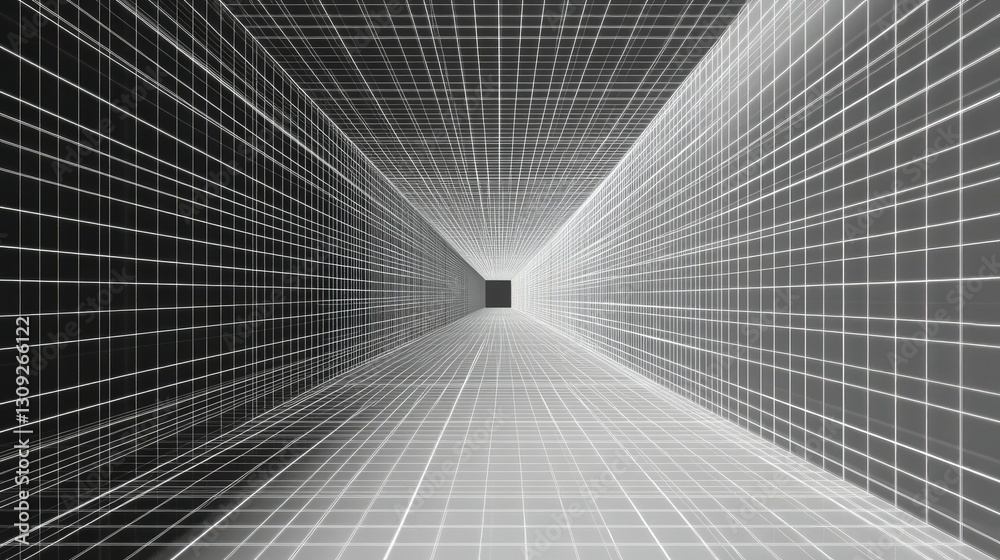 Poster a visually striking retro-futuristic wireframe tunnel with glowing rectangular grid patterns stretch