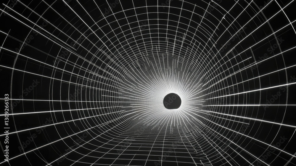 Poster a visually striking retro-futuristic wireframe tunnel with glowing rectangular grid patterns stretch