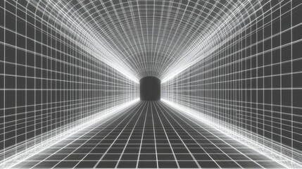 Obraz premium A visually striking retro-futuristic wireframe tunnel with glowing rectangular grid patterns stretching infinitely.