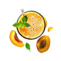 Refreshing peach smoothie with mint leaves and slices isolated on a transparent background for healthy drink promotion