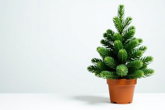 Potted evergreen tree on a white background with snowflakes, greenery, conifer, snowflake