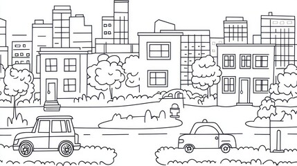 Cityscape illustration, urban scene, line drawing, street view, tranquil day, background, suitable for coloring book, printable art