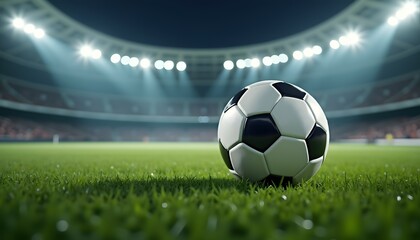 Fototapeta premium Classic black-and-white soccer ball on fresh grass with stadium lights