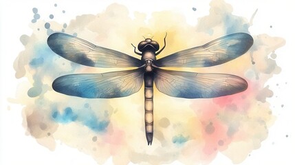 A breathtaking watercolor depicting the graceful ethereal form of a dragonfly in flight  The delicate translucent wings and vibrant colors create a captivating magical and dreamlike aesthetic