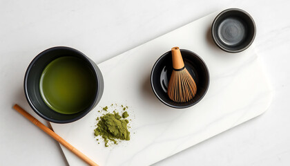 Japanese Modern Tea Ceremony with Minimalist Tools. Flatlay of a modern tea set: black ceramic bowl, bamboo whisk, matcha powder on marble slab, monochrome aesthetic