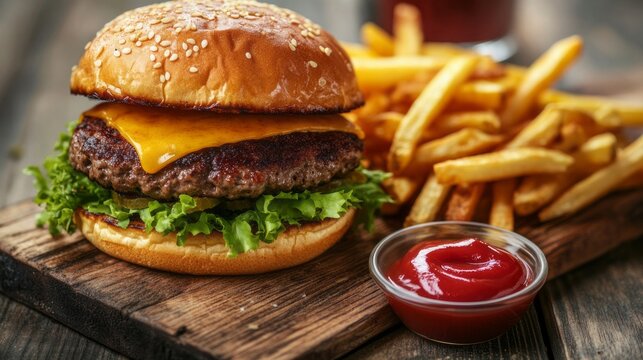 Classic cheeseburger with crispy golden fries and ketchup on a rustic wooden board &ndash; juicy grilled beef patty with melted cheese in a soft bun, served with crunchy french fries and a side of tangy ket
