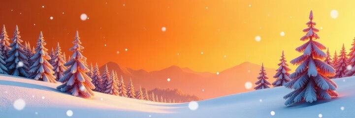 Fototapeta premium Snowflakes falling on orange background amidst frosty trees and hills, scenery, nature, landscape