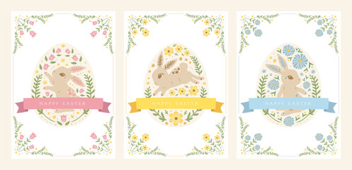 Cute adorable Easter bunny egg holiday greeting card set decorated in beautiful floral flower frame vintage art nouveau vintage victorian folk art background design style