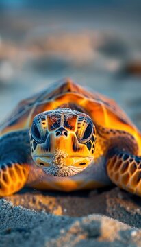 Close-up of a sea turtle on a sandy beach, its shell reflecting the golden light.