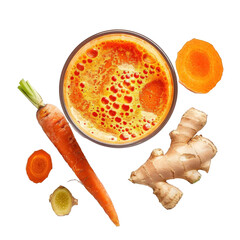 Fresh carrot ginger juice surrounded by vibrant vegetables on a white background highlighting healthy drink options and ingredients