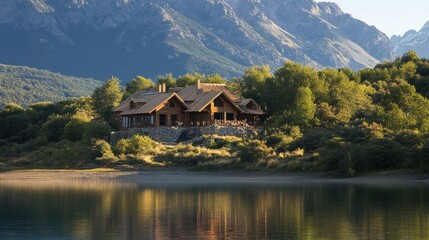 Fototapeta premium Mountain Lake House: Serenity by the Water