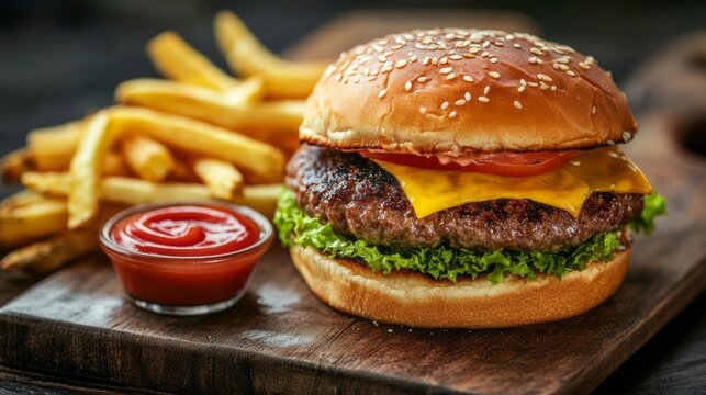 Classic cheeseburger with crispy golden fries and ketchup on a rustic wooden board &ndash; juicy grilled beef patty with melted cheese in a soft bun, served with crunchy french fries and a side of tangy ket