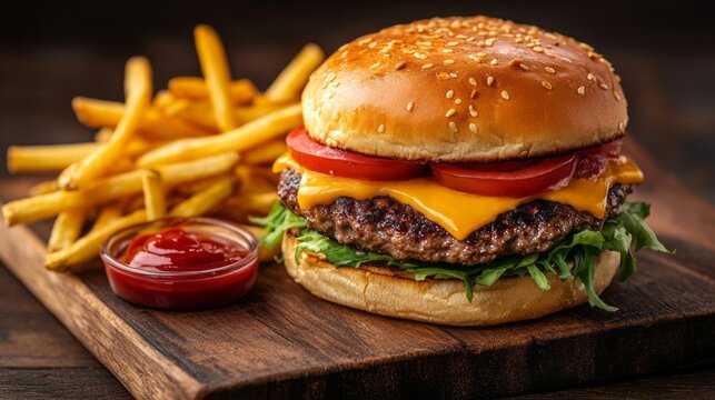 Classic cheeseburger with crispy golden fries and ketchup on a rustic wooden board &ndash; juicy grilled beef patty with melted cheese in a soft bun, served with crunchy french fries and a side of tangy ket