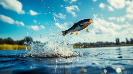 Fototapeta premium Pike fishing. Fisherman catch big muskie fish with splash in water 