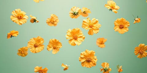 Floating marigold flowers with yellow petals on a soft green background