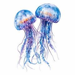 Soft blue and purple jellyfish gracefully floating in a serene underwater setting