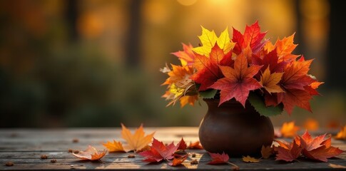 Rustic autumn bouquet, warm tones, fall leaves, elegance, pumpkins