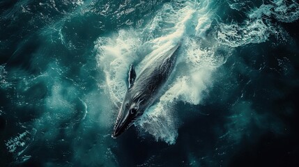 Fototapeta premium Whale breaching in ocean, creating a splash of water. Dramatic aerial view of a majestic marine mammal.