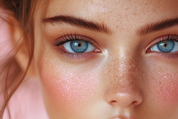 Obraz premium Close-up of a model showcasing vibrant eye makeup and natural beauty features