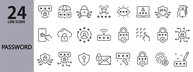 Password line icons set with Security, Safety, Protection, Technology, Access, Protected, Email and more. Editable Stroke