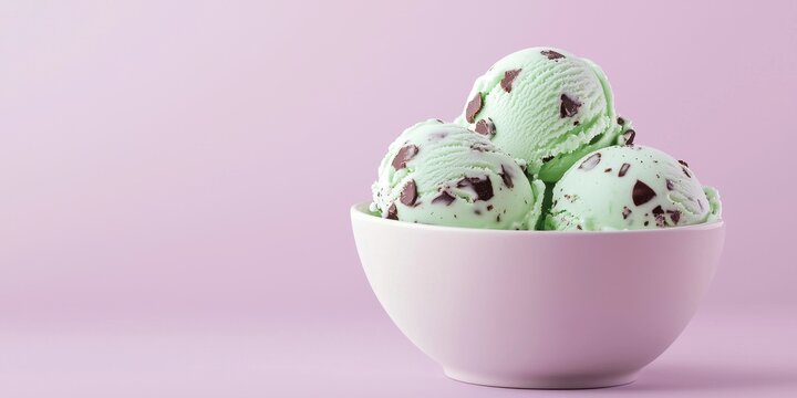 Floating mint chocolate chip ice cream in a bowl on a soft lavender background
