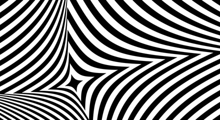 Abstract black and white optical illusion background featuring geometric star shape patterns with dynamic distorted lines creating a hypnotic visual effect. Ideal for backgrounds or modern design