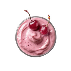 Creamy cherry yogurt dessert with two cherries on top, perfect for summer gatherings and sweet cravings, served in a clear glass bowl, isolated, transparent background