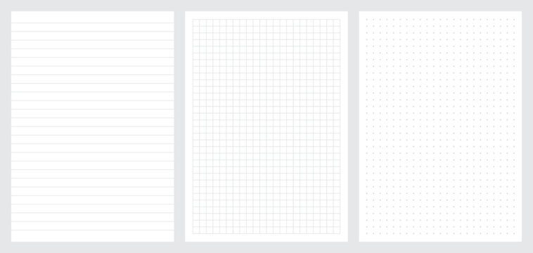 Set of blank sheets of lined, square grid and dotted paper in a5 format. Paper templates for notes, writing, sketching, and journaling. Ideal for school, office and work. Vector illustration