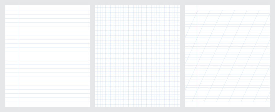 Set of blank sheets of lined, square and oblique line paper in school notebook format. Paper templates for notes, writing, sketching, and journaling. Ideal for school, office and work. 