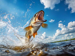 Pike fishing. Fisherman catch big muskie fish with splash in water
